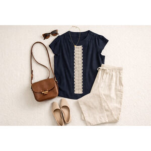 Banana Republic Silk Blend Blouse Petite L Navy Crochet Panel Top